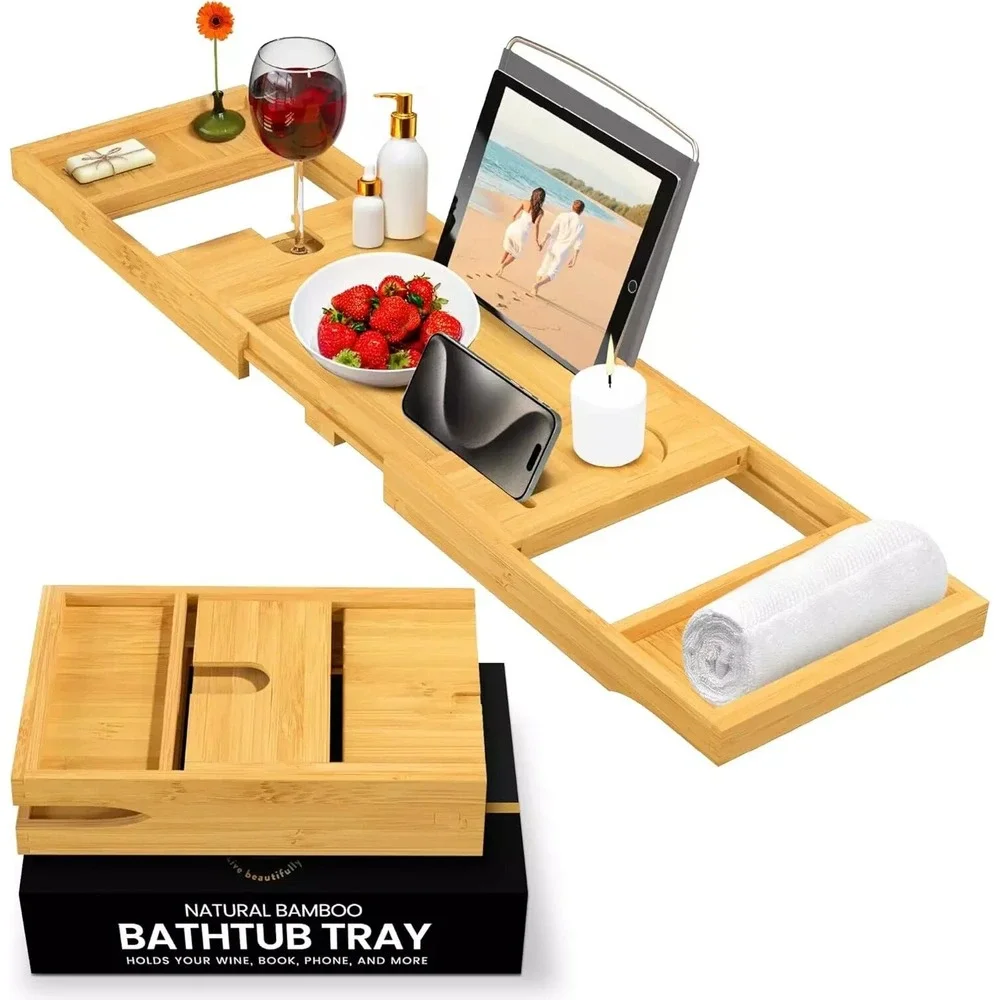 NEW - Bamboo Bathtub Tray Table - Collapsible &‎ Adjustable Bathtub Caddy